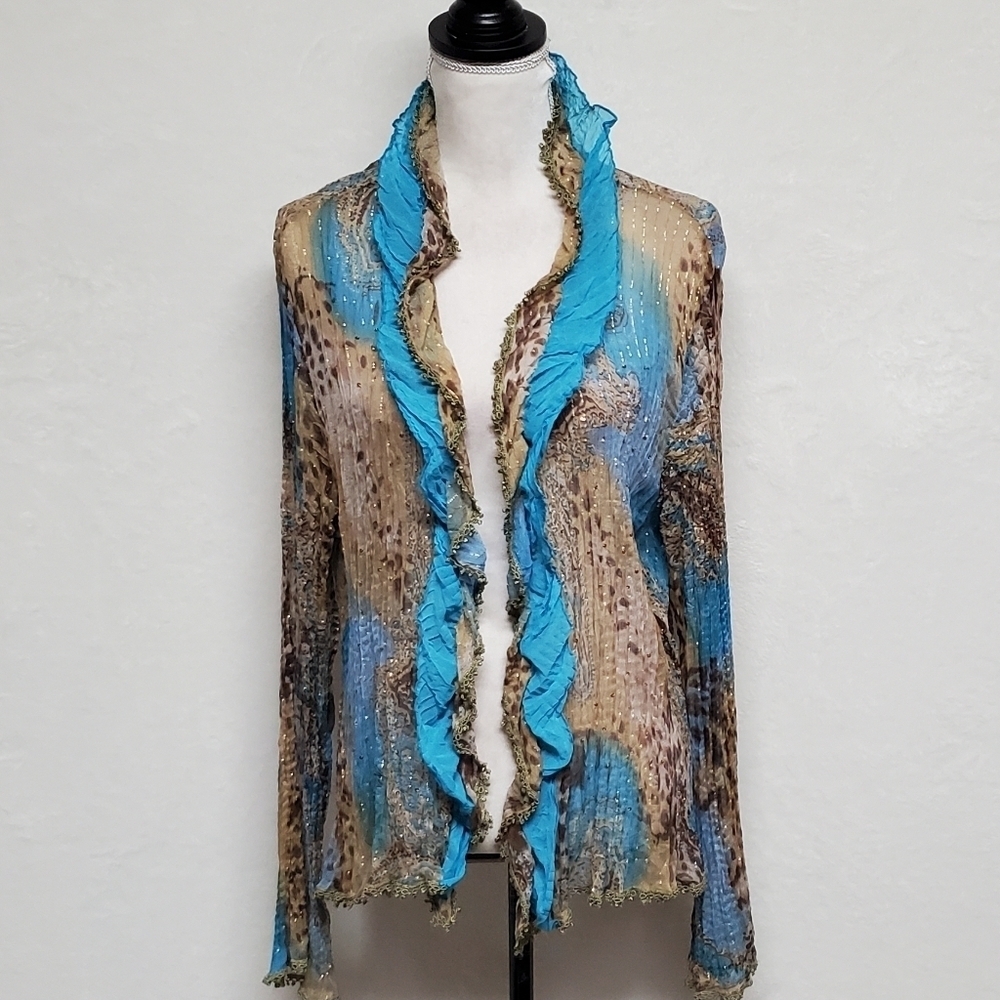 Vintage OOAK Alberto Makali Blue Leopard Print Gold Metallic Knit Abstract Top - Picture 4 of 14